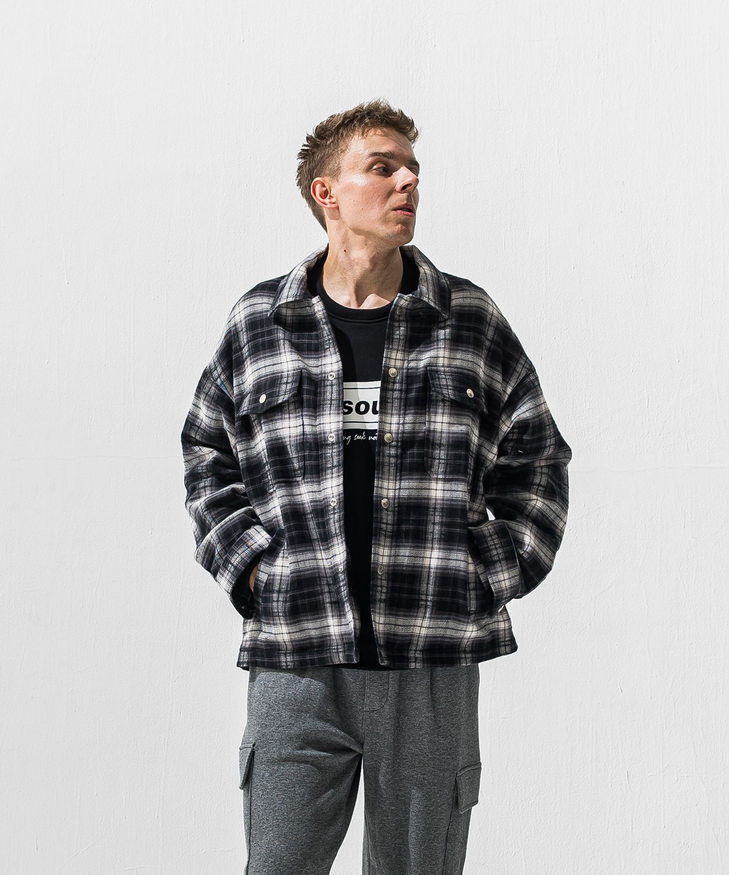 old slabl check  JK  / スラブチェック柄 オーバジーサイズ ヴィンテーネルジャケット (ブラック) (12月末入荷予定) ※オーダー締切:9月7日(月)17時
