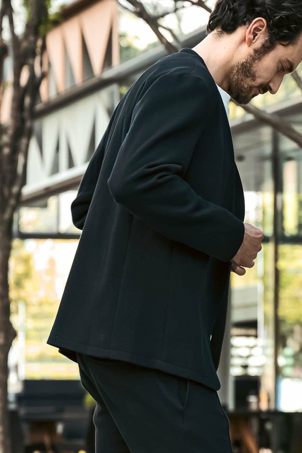 COLLARLESS CUT AND SEW JACKET / ノーカラー 鹿の子 ニットジャケット (ブラック)