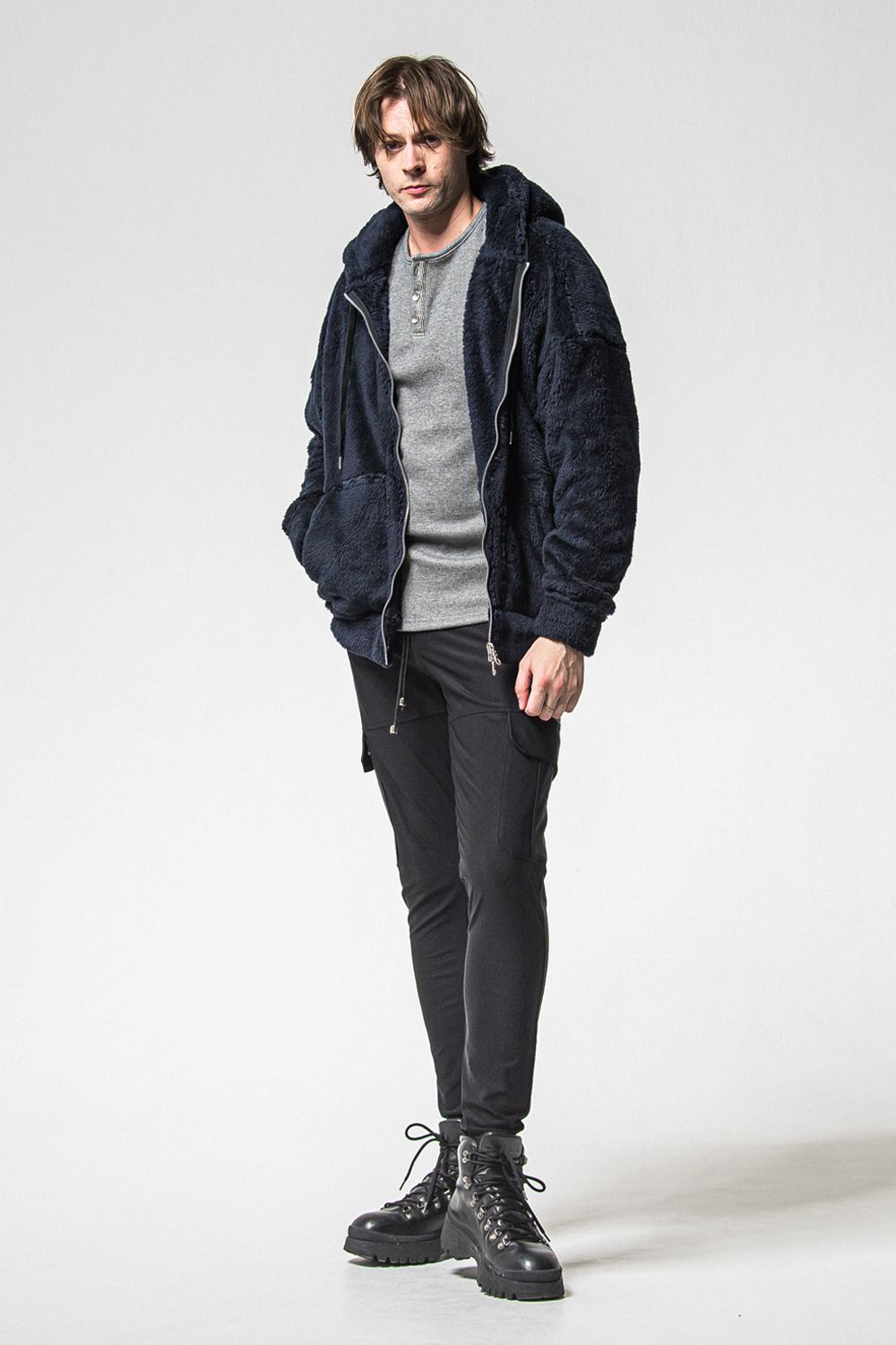 BOA ZIP LOOSE HOODIE / シルキーボア ジップアップ パーカー (ネイビー) （11月中旬入荷予定) ※オーダー締切：9月1日(月)18:00