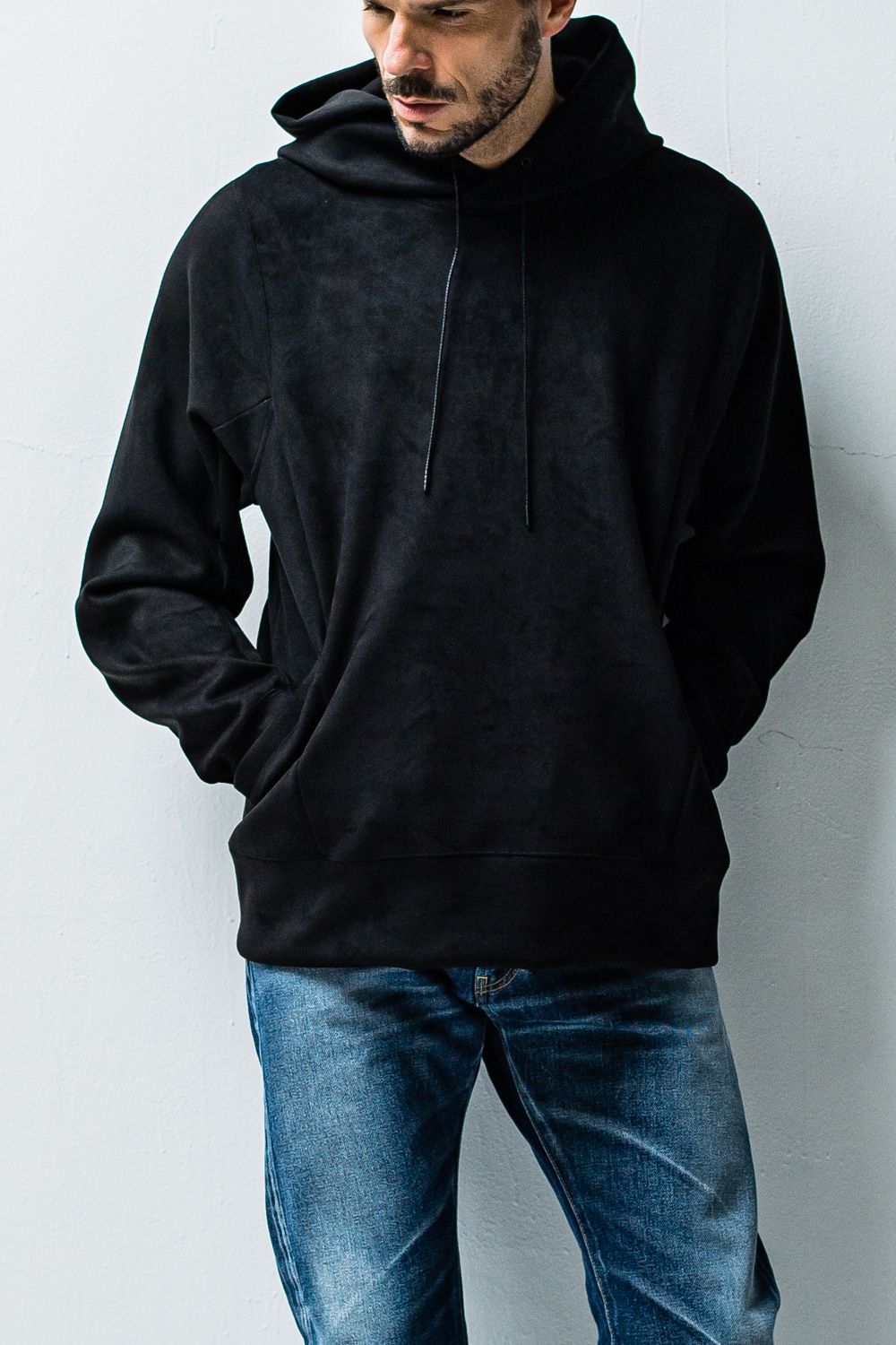 suède jersey solid pullover hoodie / スウェードジャージ プルオーバーフーディー ブラック