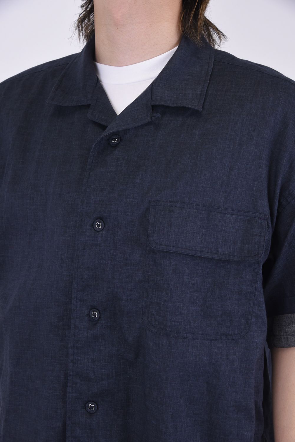 LAYERED HALF SLEEVES OPEN COLLAR SHIRT / レイヤード オープンカラー 半袖 シャツ チャコール