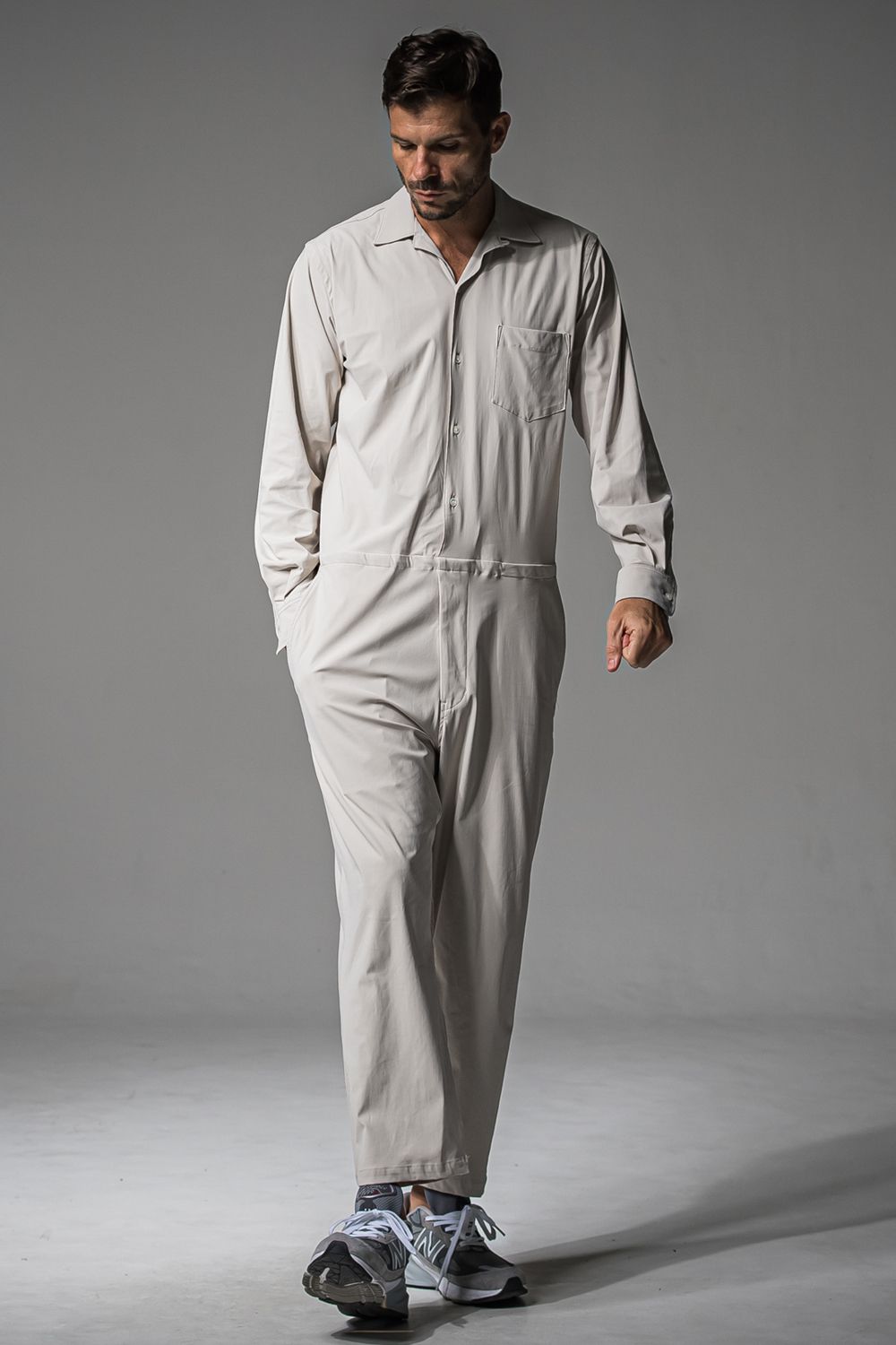 RAGE NYLON ALL IN ONE / ストレッチナイロン ロングスリーブ オープンカラーシャツ オールインワン (グレージュ) (3月中旬入荷予定) ※オーダー締切12/13(土)17:00