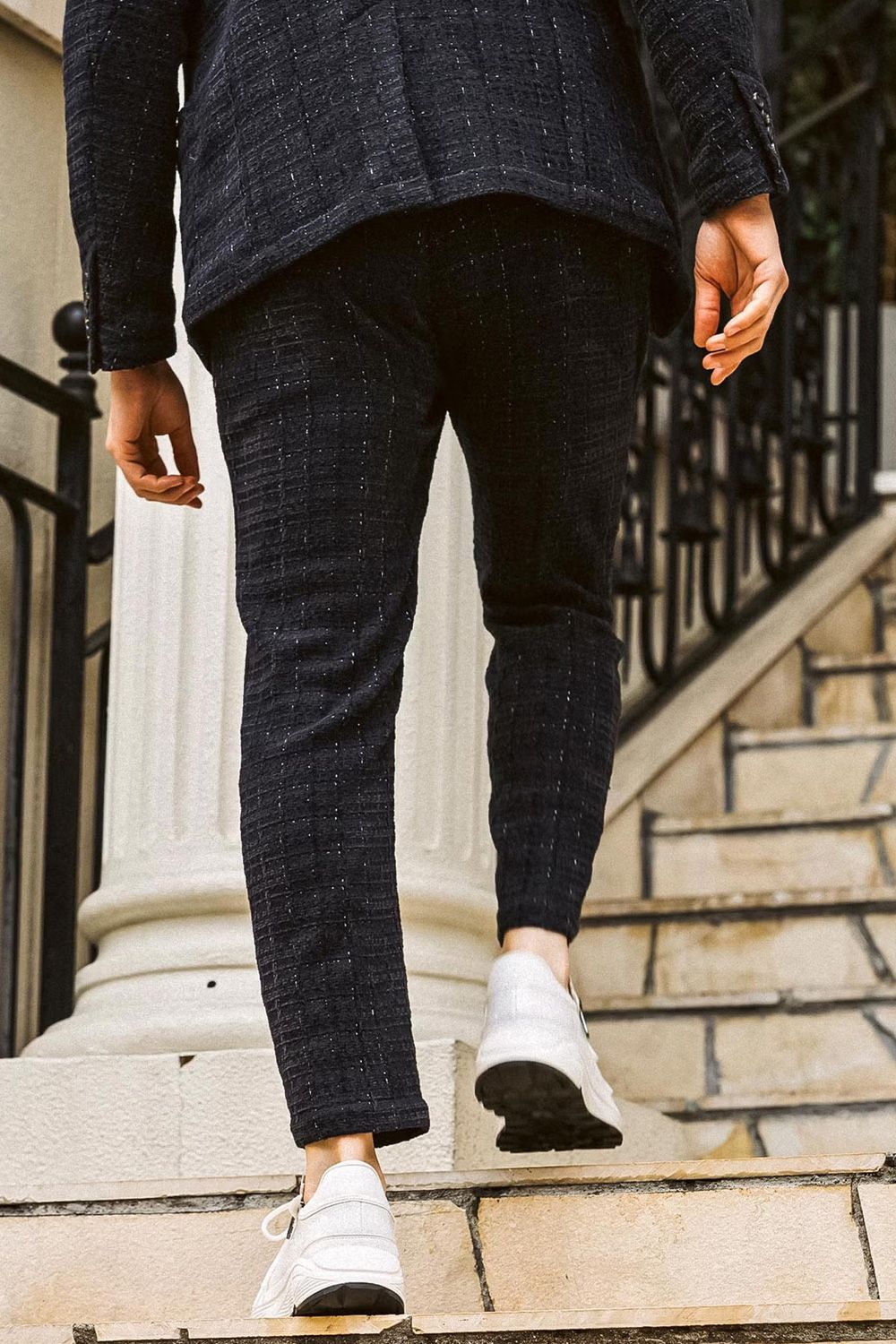【26AW】【セットアップ】 LAME SQUARE JACQUARD JACKET & SLACKS / ファンシーツイード テーラードシングルジャケット&イージースラックス (ネイビー)