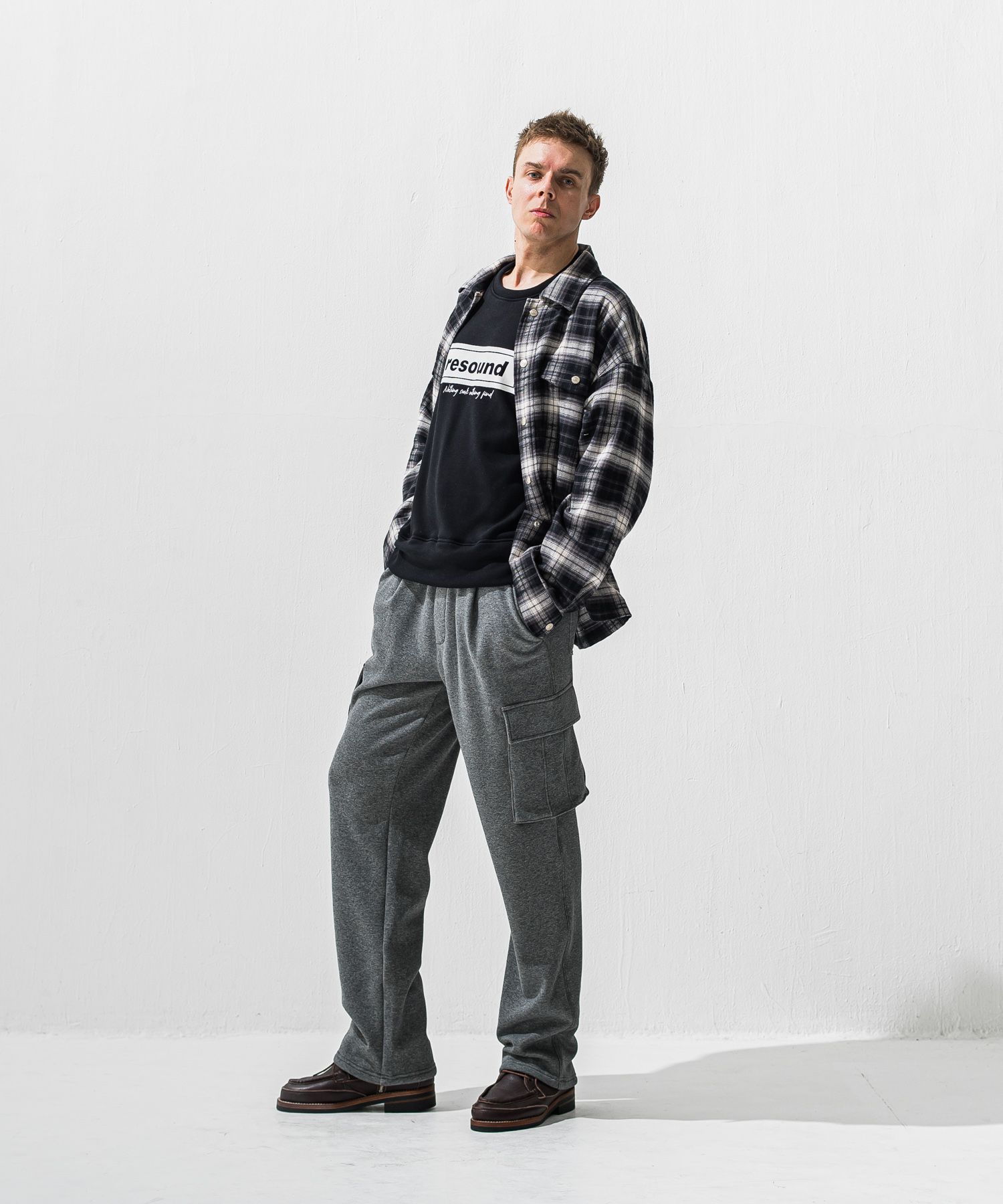 VELOURS FLEECE WIDE HEAD CARGO / 裏起毛 ベロアフリース ワンタックカーゴパンツ (チャコール) (11月中旬入荷予定) ※オーダー締切:9月7日(月)17時