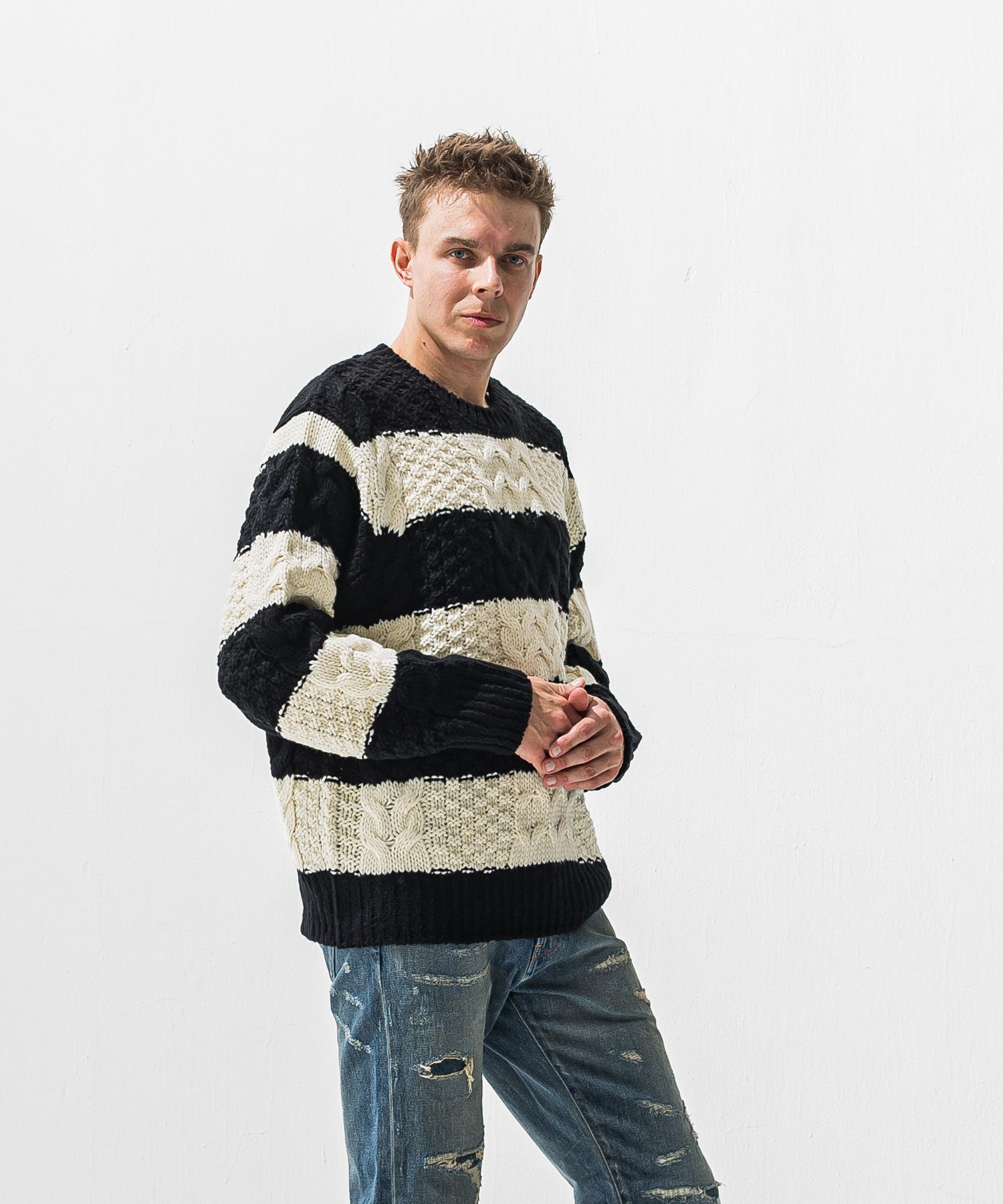CABLE LAW SWEATER / ケーブル編み ローゲージセーター (ブラック/ホワイト) (10月下旬入荷予定) ※オーダー締切:9月7日(月)17時