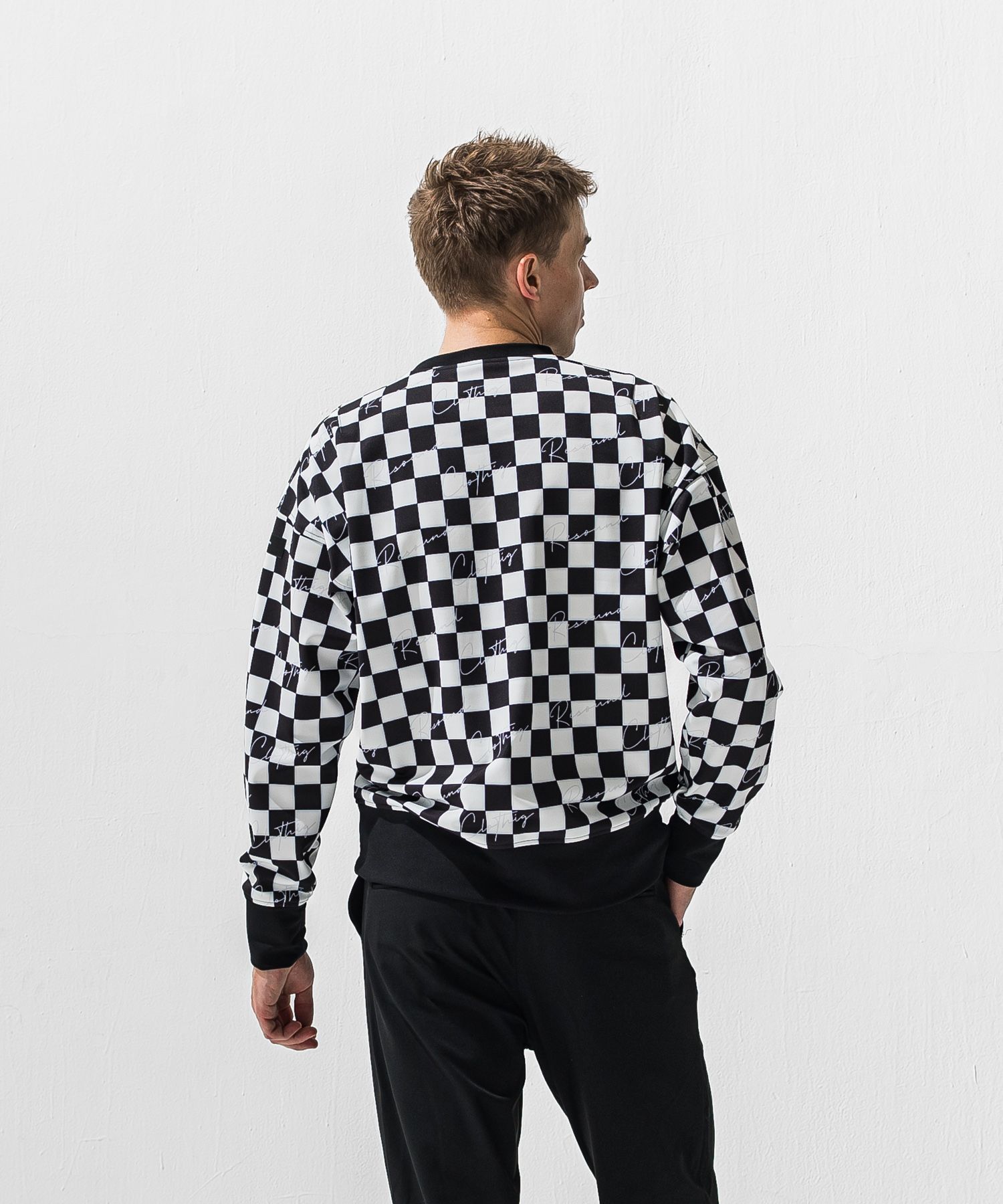 CHECKER BACK FLEECE TRAINER / チェッカーフラッグ 裏起毛トレーナー (ホワイト/ブラック) (11月上旬入荷予定) ※オーダー締切:9月7日(月)17時