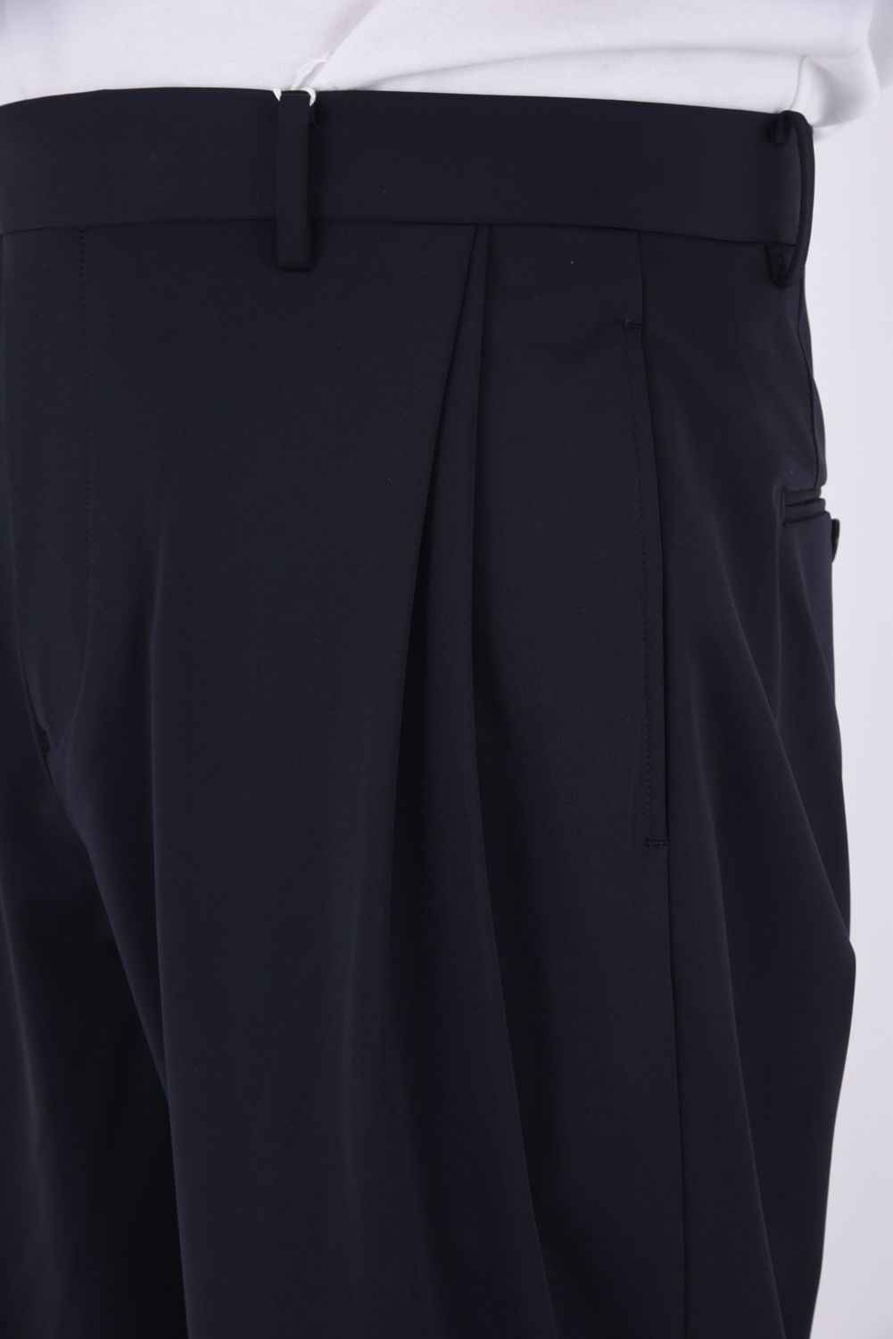 Stretch Jersey / 変形2アウトプリーツ ロングパンツ (ネイビー)