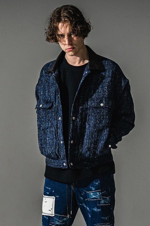 FCTWEED 2nd jk / ファンシーツイード エコレザーカラー デニムジャケット (ネイビー)