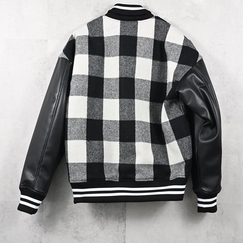 Varsity jacket / ブロックチェック エコレザースリーブ スタジャン (ブラック/ホワイト) (10月末入荷予定) ※オーダー締切:5月23日(土)17時