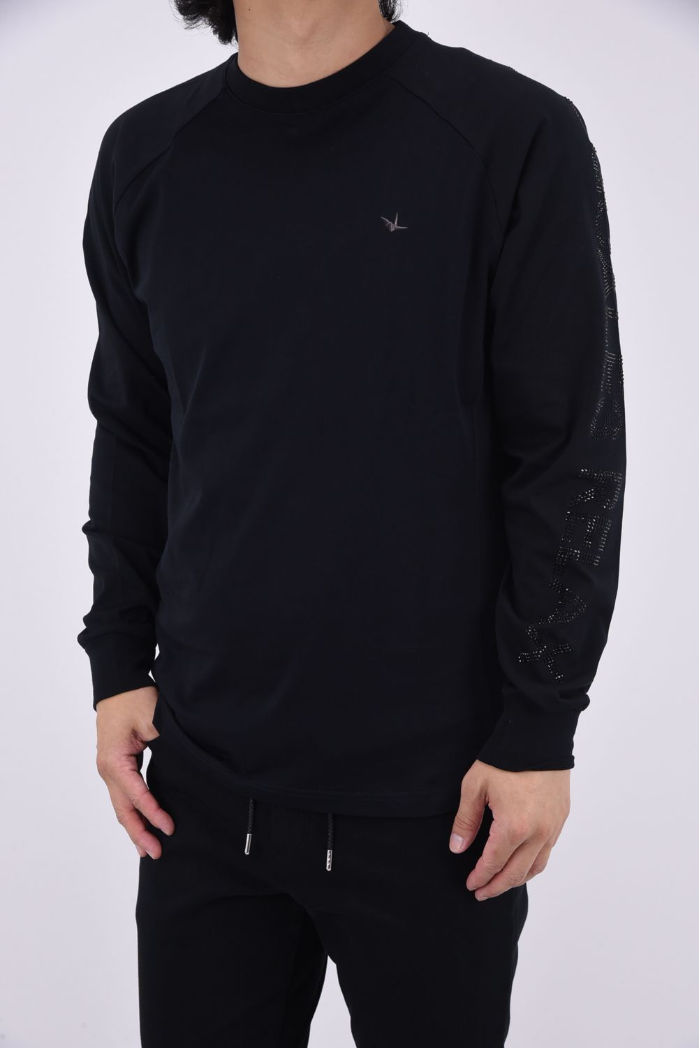 SLEEVE RHINESTONE LONG T-SHIRT / スリーブ ラインストーン ロングTシャツ ブラック