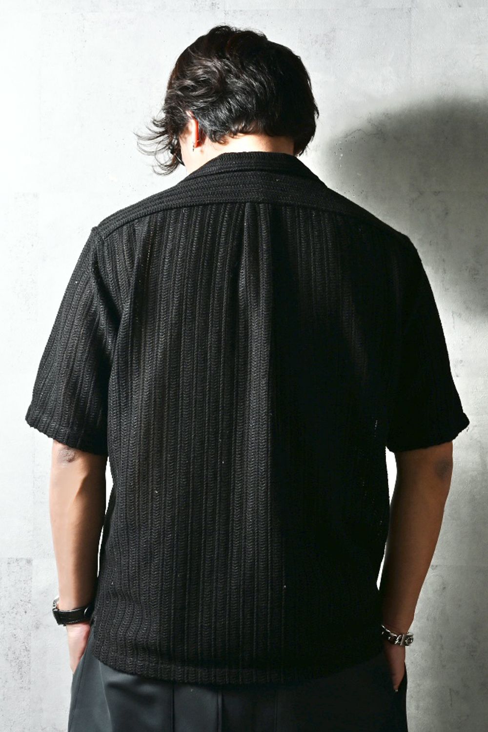 RUSSEL SHIRTS / リラックスシルエット ラッセル織り オープンカラーシャツ (ブラック) (3月中旬入荷予定) ※オーダー締切12/13(土)17:00