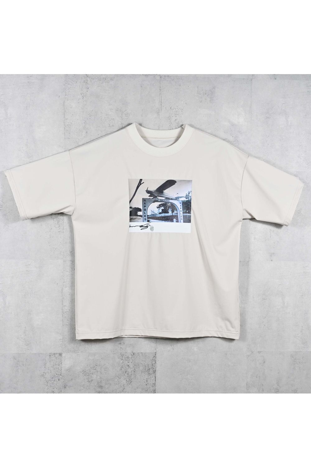 HELI OVERNYLON T / ナイロントリコット フォトプリント オーバーサイズ Tシャツ (グレージュ) (4月上旬入荷予定) ※オーダー締切12/13(土)17:00