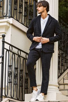 【26AW】【セットアップ】 LAME SQUARE JACQUARD JACKET & SLACKS / ファンシーツイード テーラードシングルジャケット&イージースラックス (ネイビー)