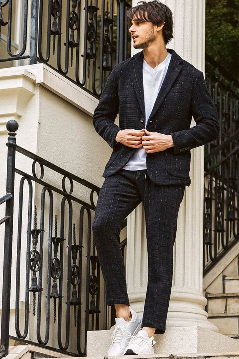 【26AW】【セットアップ】 LAME SQUARE JACQUARD JACKET / ファンシーツイード テーラードシングルジャケット&イージースラックス (ネイビー)