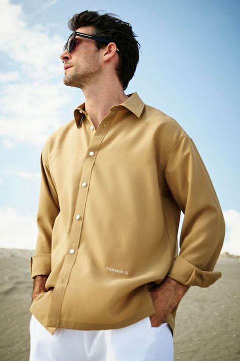 L/S BIG SHIRTS / ツイル ロゴプリント オーバーシャツ ベージュ