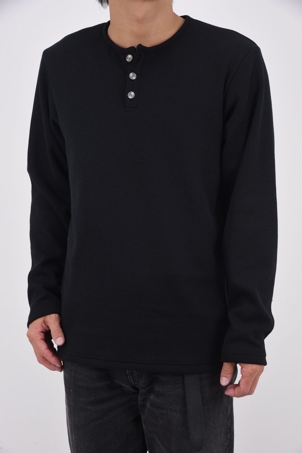 VELOURS FLEECE THERMAL HENRY / 裏起毛 サーマル生地 ロングスリーブ ヘンリーネック (ブラック)