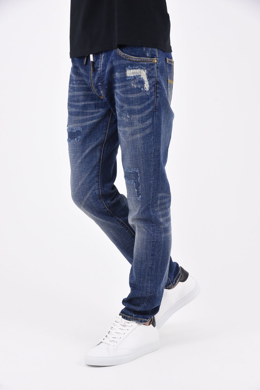 DENIM PANTS / フェイクファスナー ボタンフライ ダメージデニム インディゴ