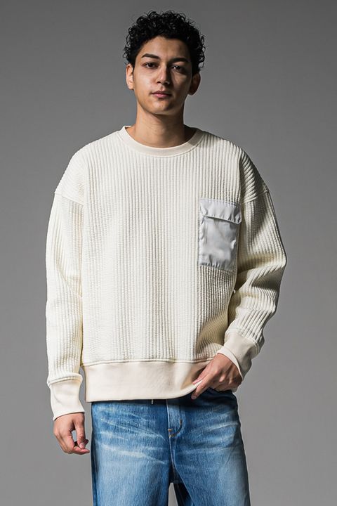 Stripe quilting drop trainer / ストライプキルティング フラップポケット ルーズフィット トレーナー オフホワイト