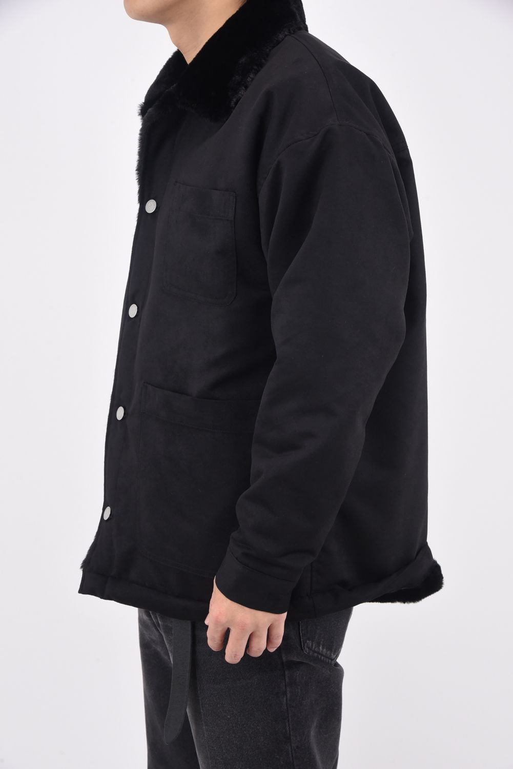 SUEDE FUR CAVER ALL /  エコ スウェード ファーカバーオールジャケット (ブラック)