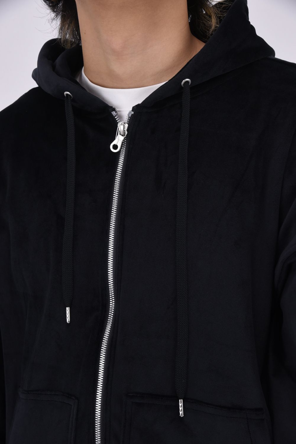 VELOURSFLEECE ZIP LOOSE HOODIE / ベロアフリース ジップアップパーカー （ブラック）