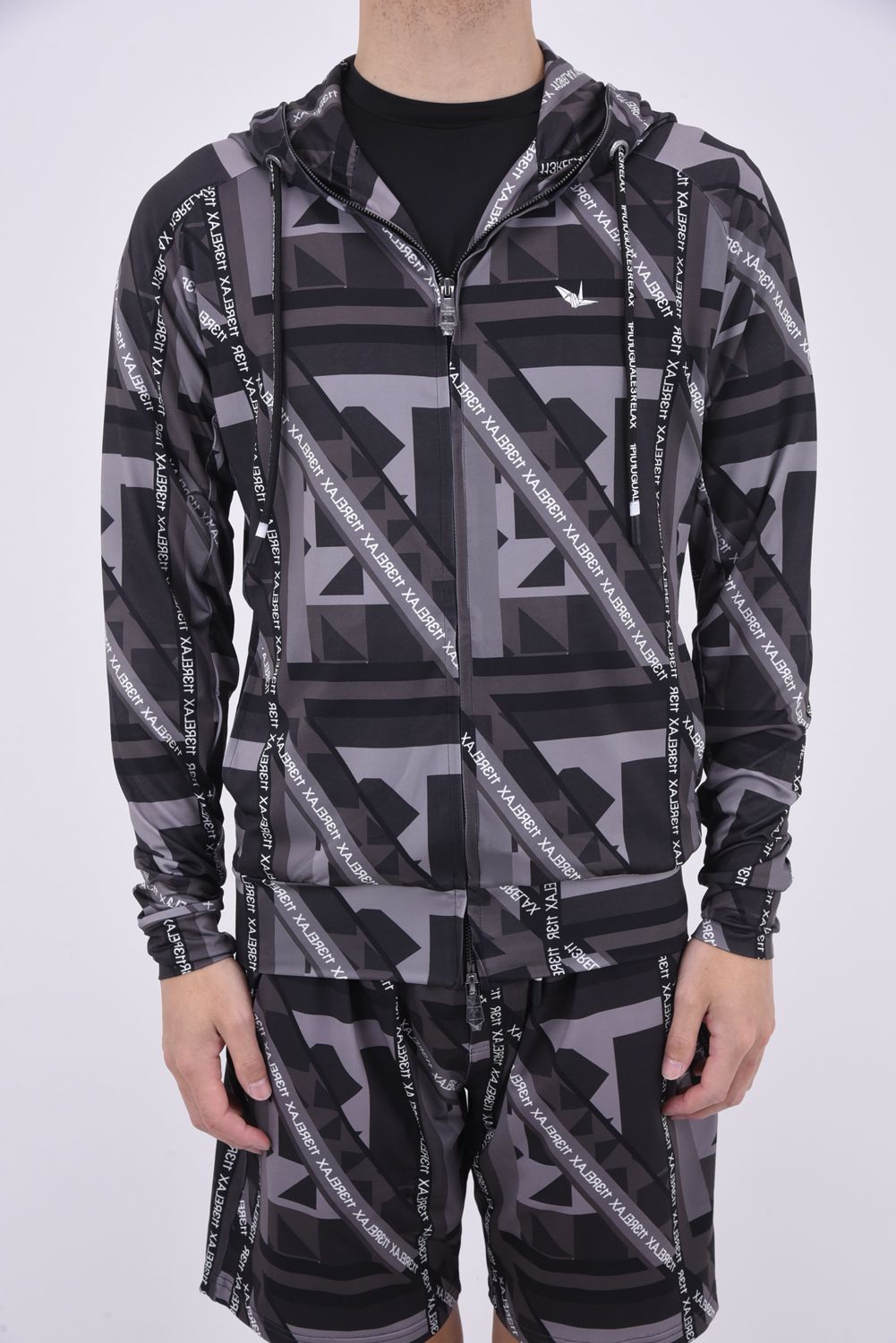 GEOMETRIC HOODIE / ジオメトリック柄 ラッシュガードパーカー チャコール×ブラック