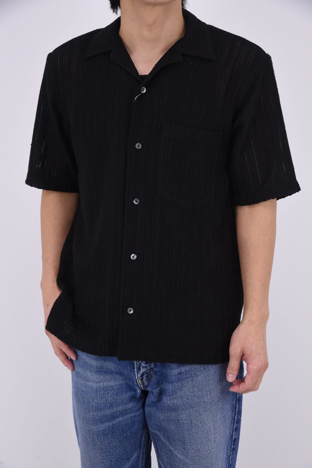 RUSSEL SHIRTS / リラックスシルエット ラッセル織り オープンカラーシャツ (ブラック)