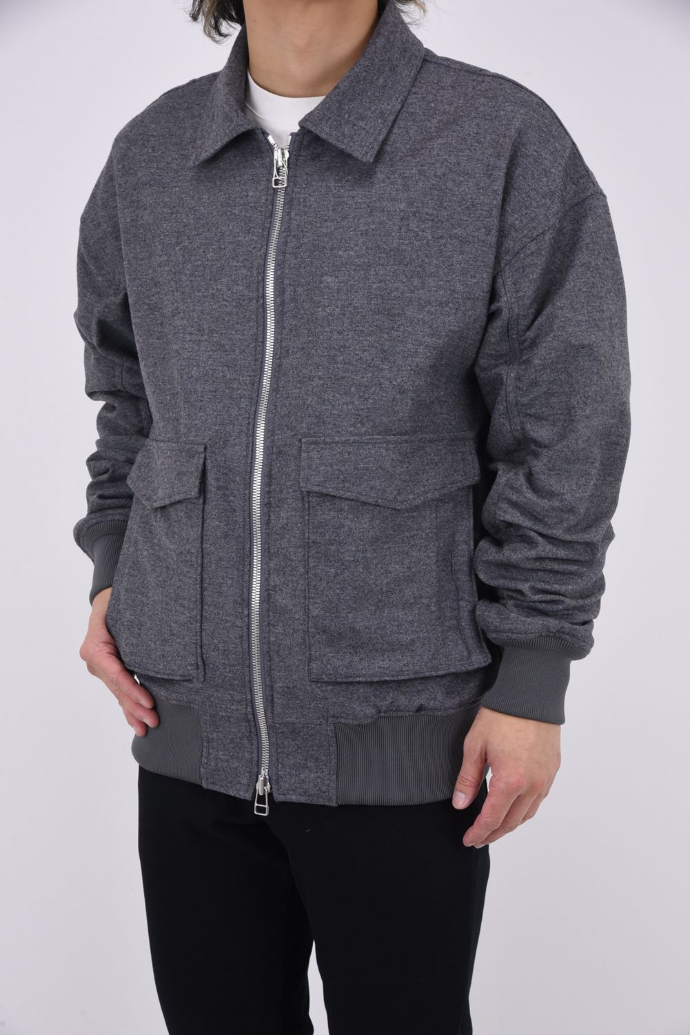 AG WOOL FLIGHT JK / カシミヤ混 ストレッチツイル フラップサイドポケット ミリタリージャケット （グレー）