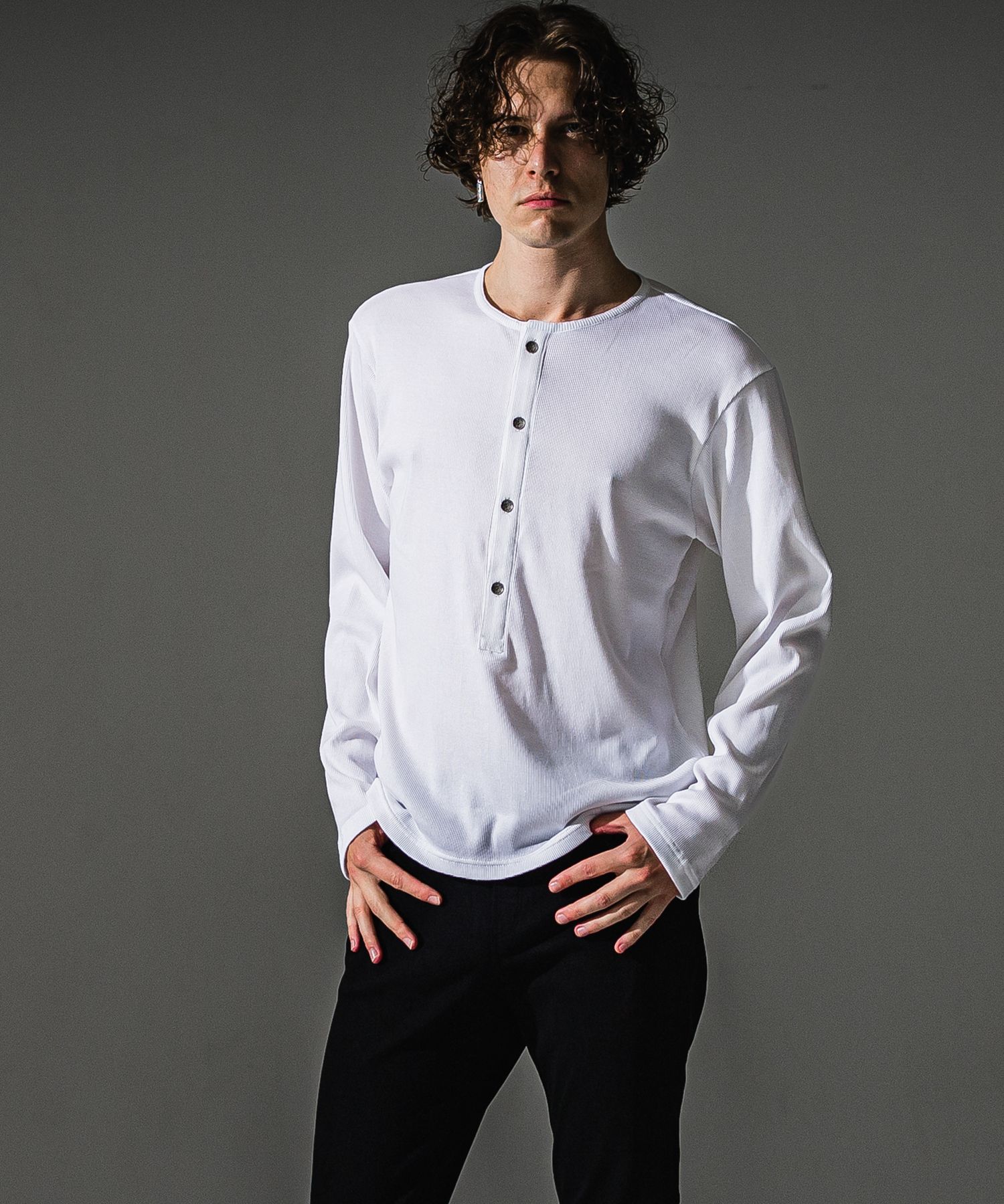 RIB HENRY LONGSLEAVE / ヘンリーネック リブニットロングスリーブTシャツ (ホワイト) (7月中旬入荷予定) ※オーダー締切:5月23日(土)17時