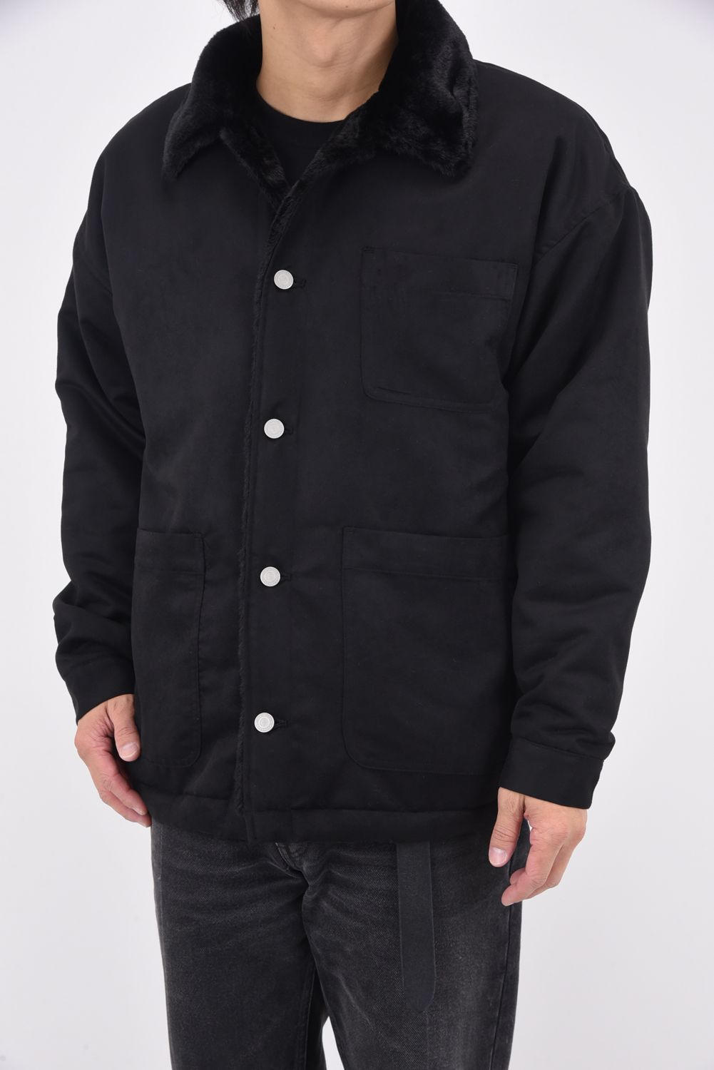 SUEDE FUR CAVER ALL /  エコ スウェード ファーカバーオールジャケット (ブラック)