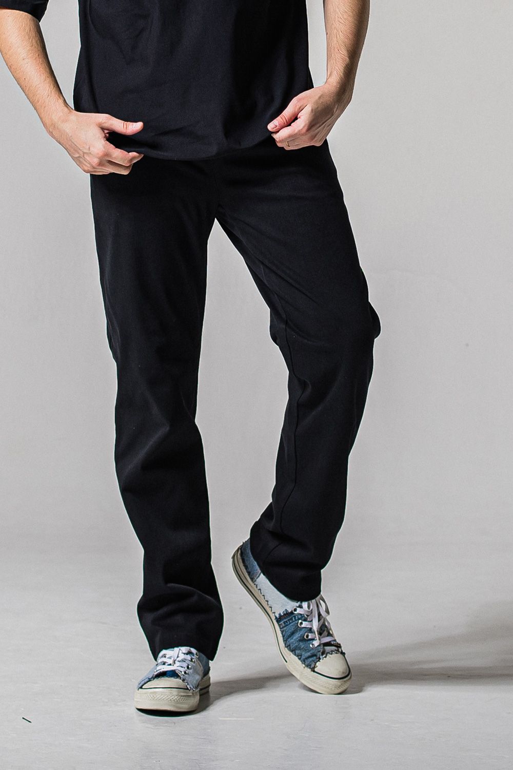 DENIM JERSEY WIDE PT / ジャージデニム セミワイド ワンタック スラックス型イージーパンツ (ブラック) (1月末入荷予定)