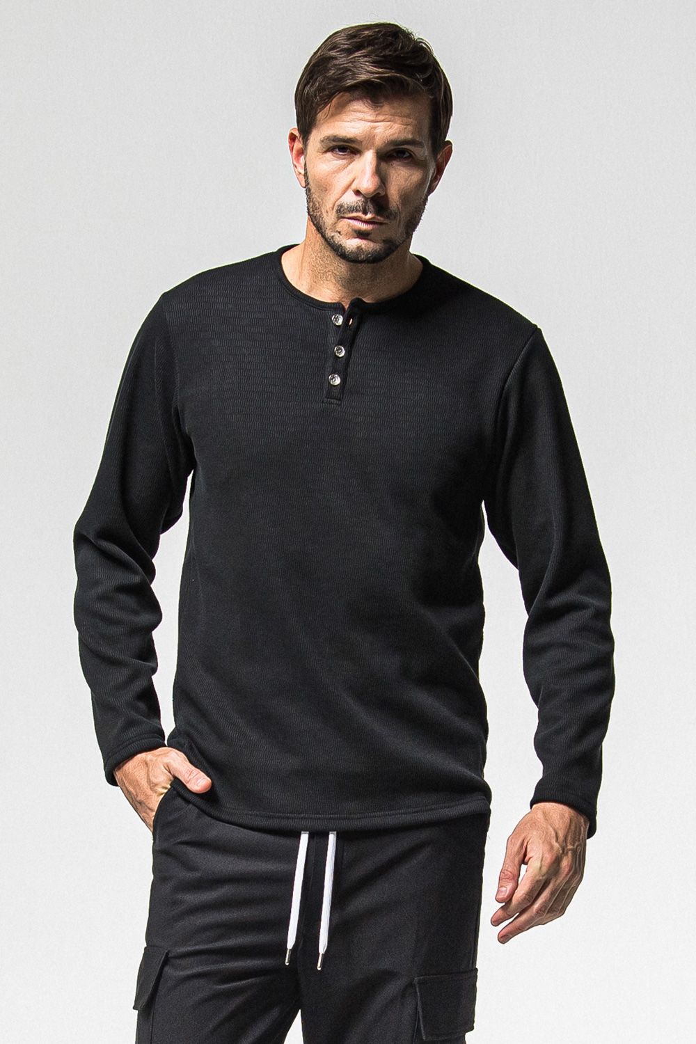 VELOURS FLEECE THERMAL HENRY / 裏起毛 サーマル生地 ロングスリーブ ヘンリーネック (ブラック) (10月中旬入荷予定) ※オーダー締切：9月1日(月)18:00
