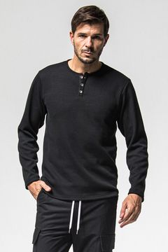 VELOURS FLEECE THERMAL HENRY / 裏起毛 サーマル生地 ロングスリーブ ヘンリーネック (ブラック) (10月中旬入荷予定) ※オーダー締切：9月1日(月)18:00