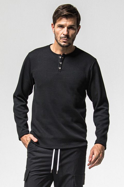 VELOURS FLEECE THERMAL HENRY / 裏起毛 サーマル生地 ロングスリーブ ヘンリーネック (ブラック)
