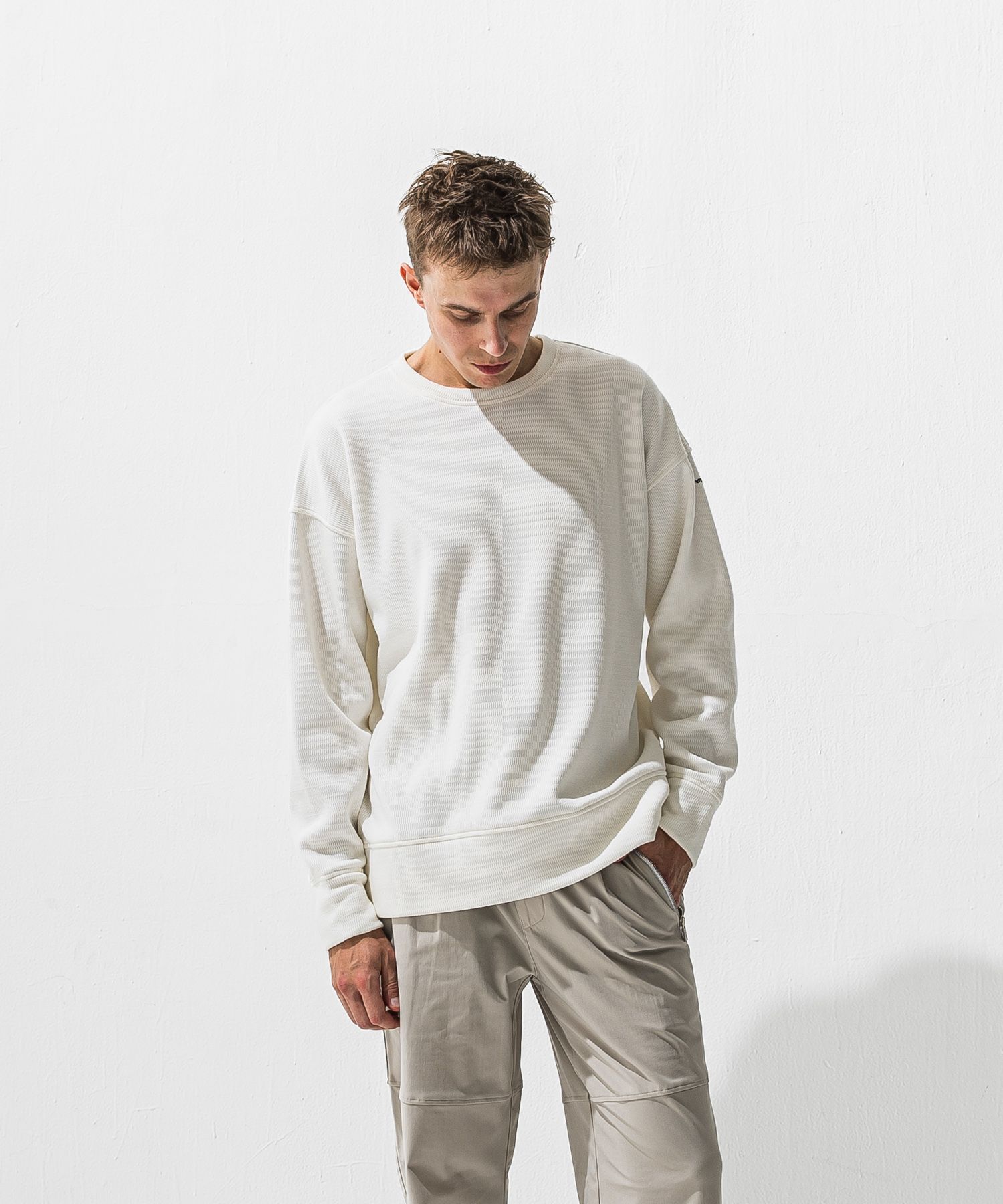 VELOURS FLEECE THERMAL  LOOSE TRAINER / 裏起毛 サーマル生地 ロングスリーブ トレーナー (ホワイト) (10月下旬入荷予定) ※オーダー締切:9月7日(月)17時