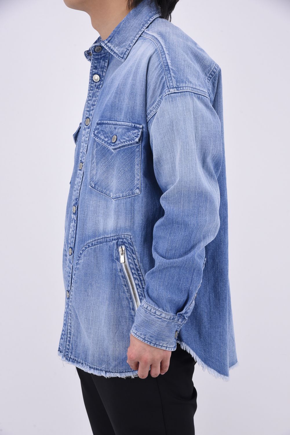 OVER DENIM SHIRTS / ヴィンテージ加工 ドロップショルダー ダンガリーシャツ ライトインディゴ