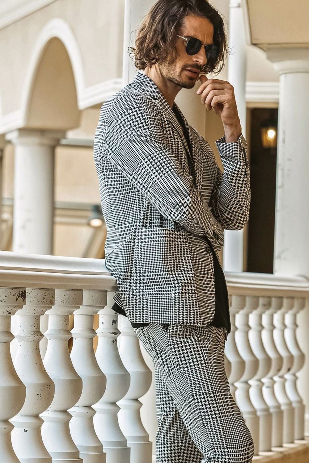 【26SS】【セットアップ】 GLEN CHECK NYLON JACKET & SLACKS / グレンチェック テーラードシングルジャケット&イージースラックス (ホワイト/ブラック)