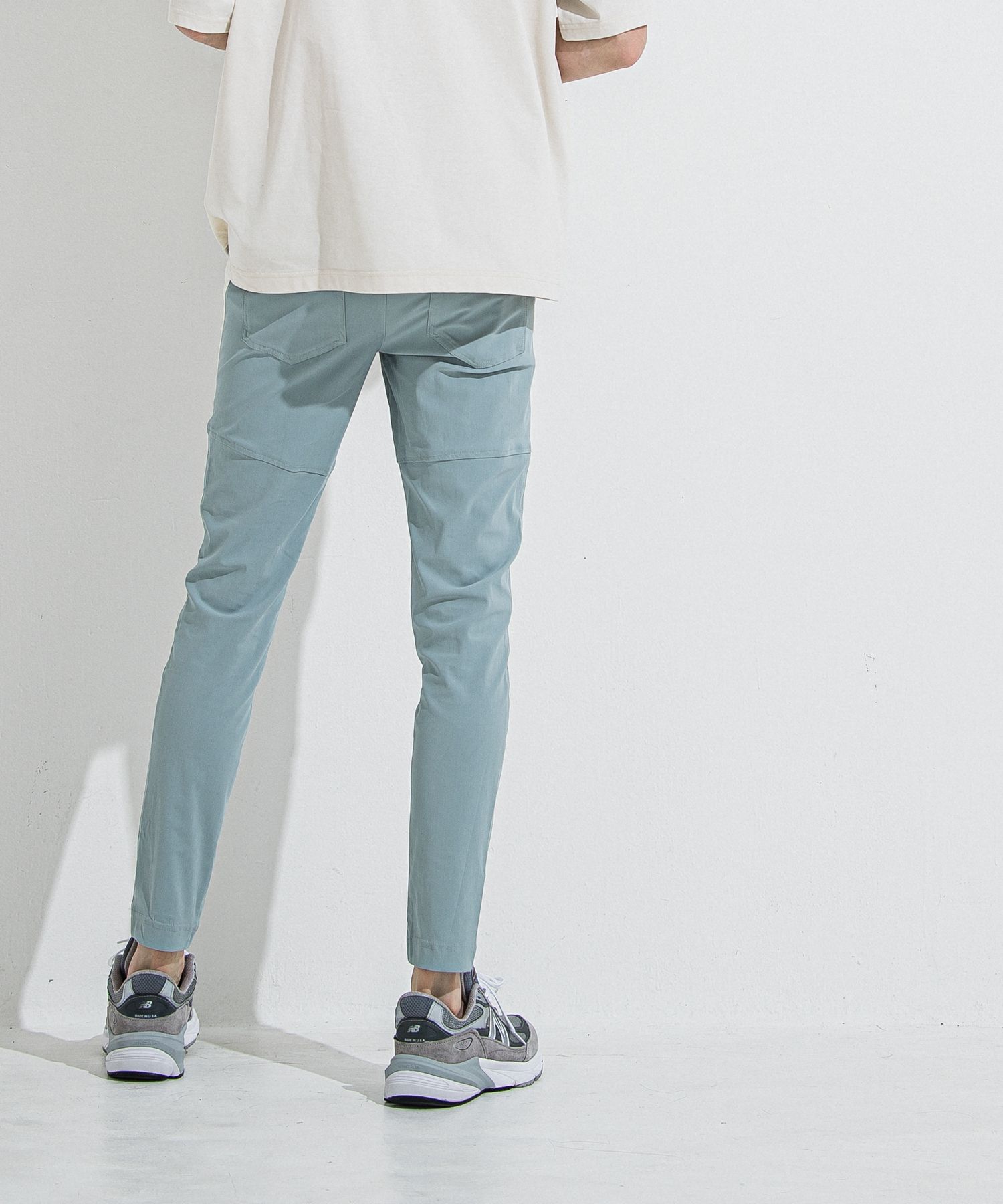 TYLER NYLON PANTS / ストレッチナイロン サイドライン タイトテーパード イージーパンツ (アクア) (5月中旬頃入荷予定) ※オーダー締切:2月15日(日)18時