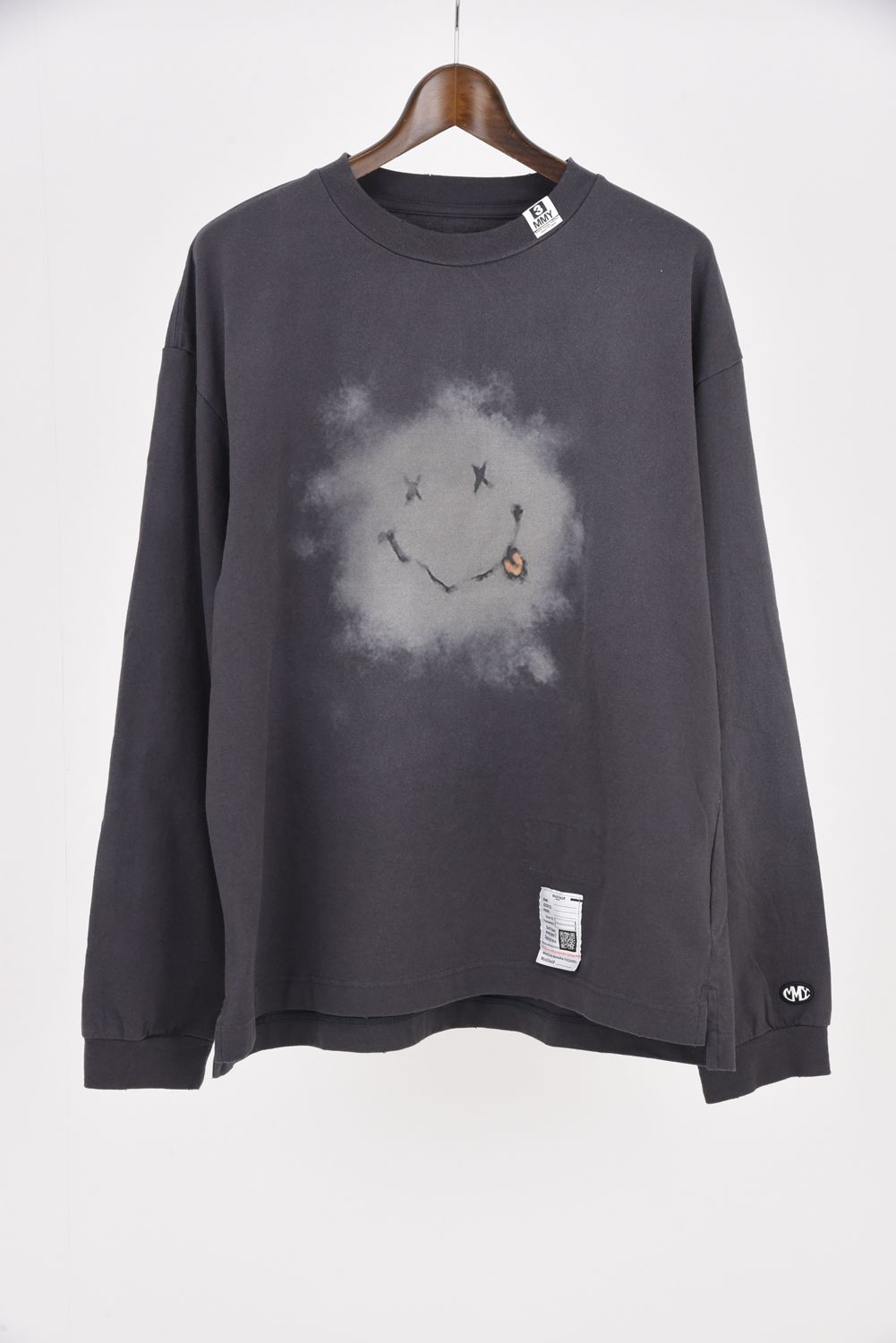 DISTRESSED SMILY LT / スマイリーフェイス ディストレスト クルーネック ロングスリーブ Tシャツ ブラック
