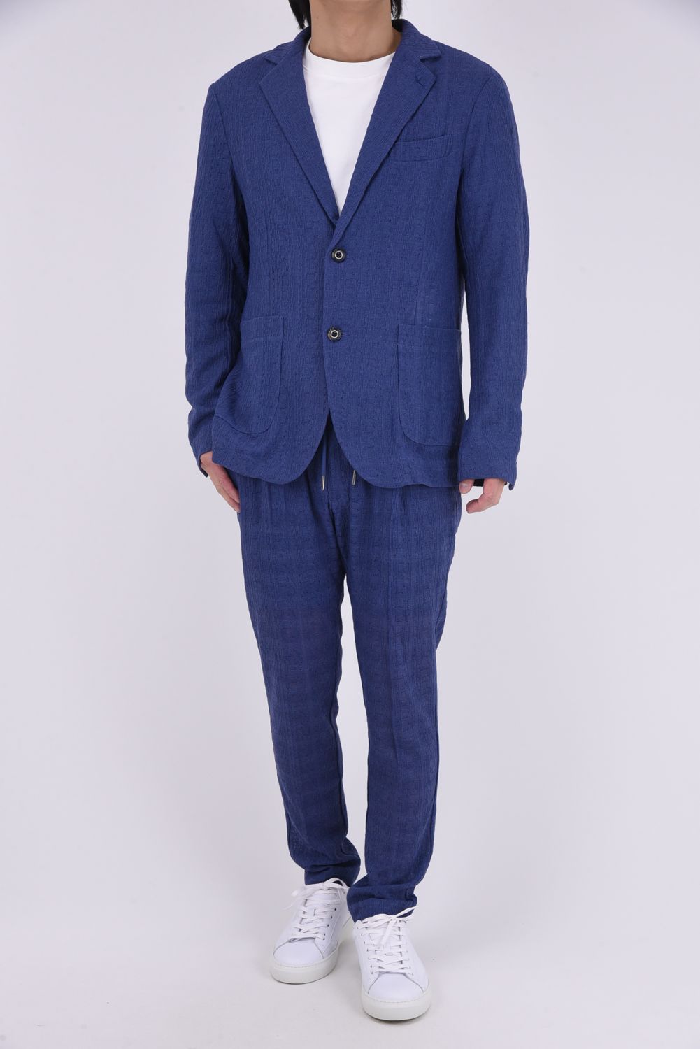 【26SS】【セットアップ】 LINEN TOUCH JACQUARD JACKET & SLACKS / リネンタッチ テーラードシングルジャケット&イージースラックス (ブルー)