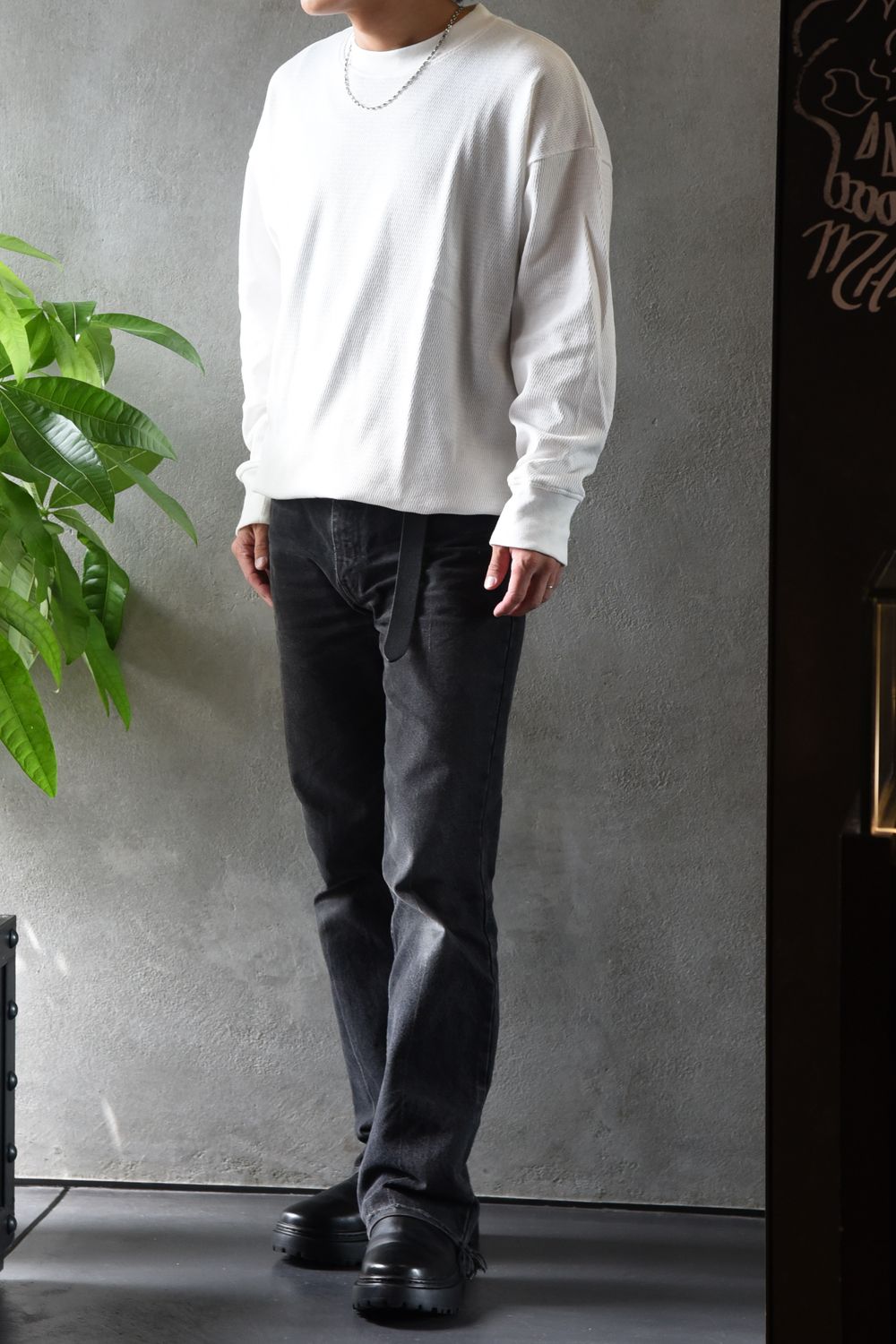 【gossip 20th別注アイテム】 DRAWSTRING THERMAL LOOSE CUTSEW / ドローストリング 特注サーマル ロングスリーブTシャツ  (ホワイト)