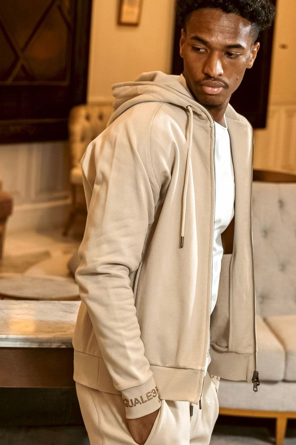 HOODIE WITH RHINESTONE CUFFS / ラインストーンカフスウェットジップパーカー (ベージュ) (9月中旬入荷予定)