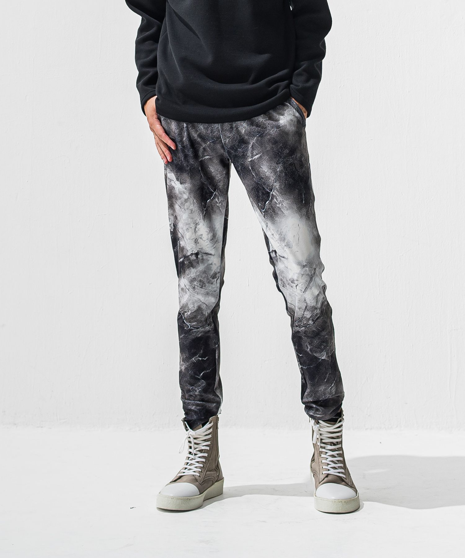 CHRIS EASY TUCK PANTS / ハイテンショントリコット スラックスイージータックパンツ (マーブルブラック) (1月上旬入荷予定) ※オーダー締切:9月7日(月)17時
