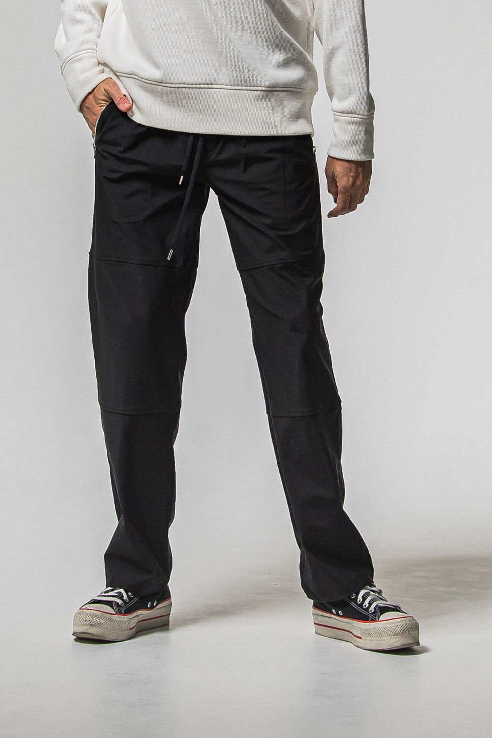 JOHNSON LINE WIDE HEAT PT / 裏起毛 ハイブリットジャージー ワイドテーパード ラインパンツ (ブラック/ホワイト) (10月末入荷予定) ※オーダー締切：9月1日(月)18:00
