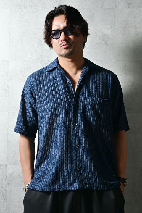 RUSSEL SHIRTS / リラックスシルエット ラッセル織り オープンカラーシャツ (ネイビー)