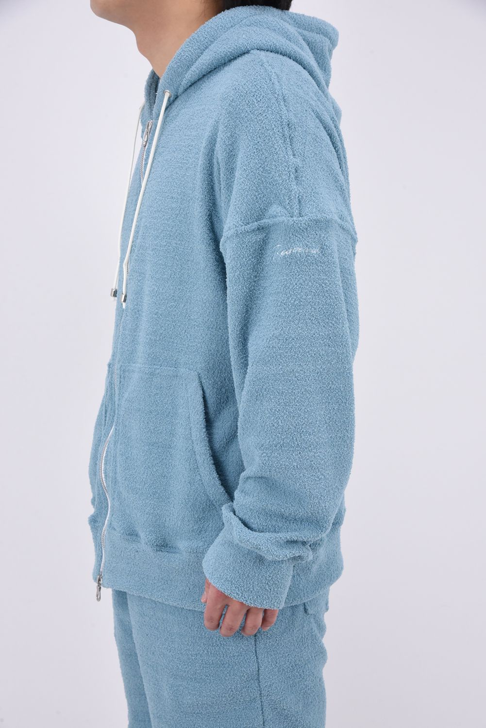 MOLE YARN PILE ZIP LOOSE HOODIE / モールパイル オーバーサイズ ジップアップパーカー ブルーグリーン
