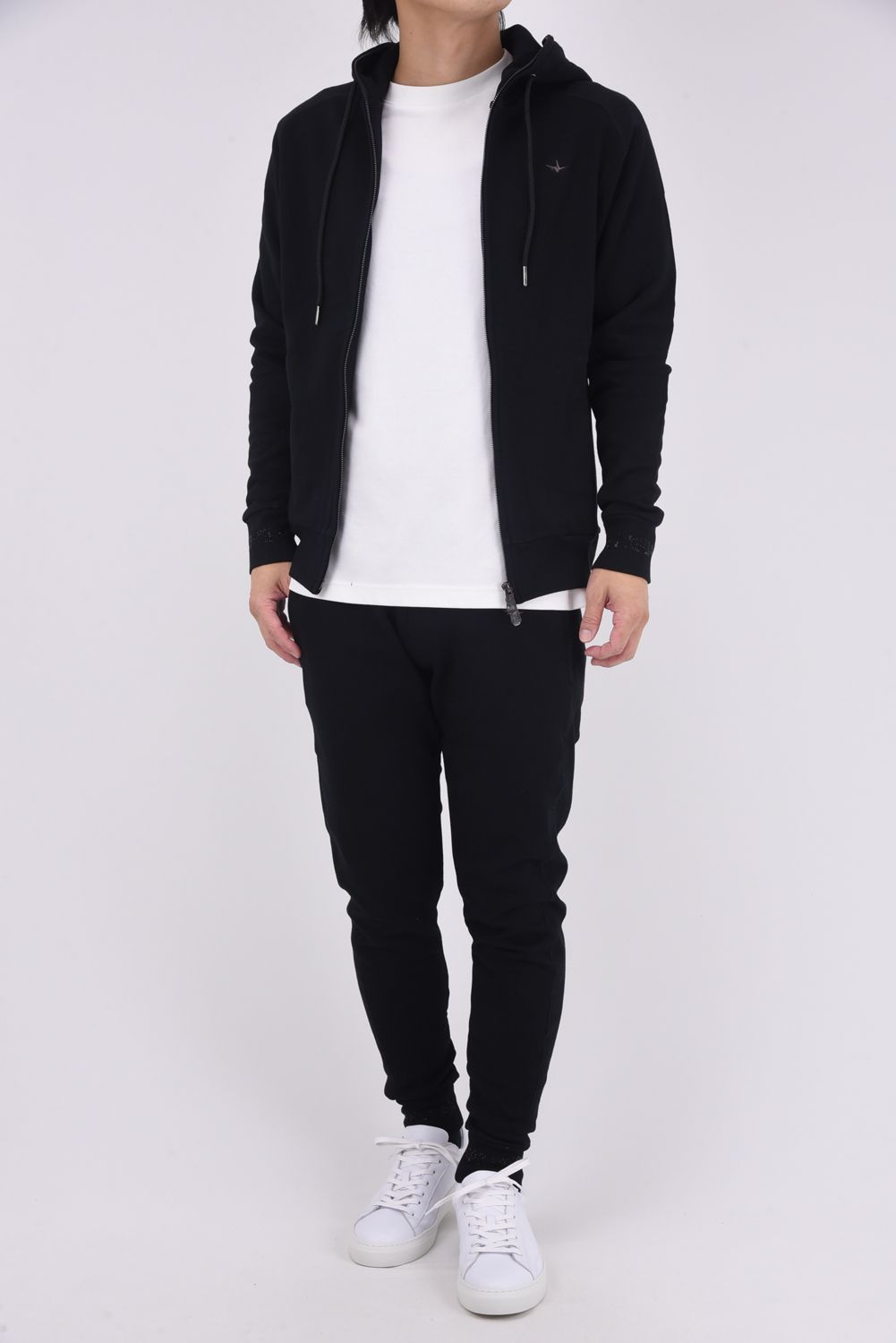 JOGGER PANTS WITH RHINESTONE CUFFS / ラインストーンヘムスウェットジョガーパンツ (ブラック)