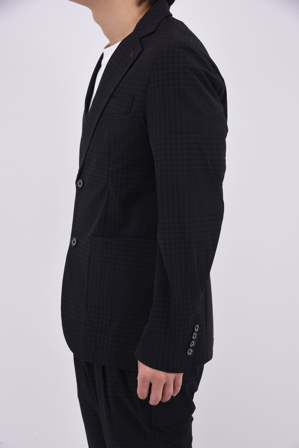 【26SS】【セットアップ】 GLEN CHECK NYLON JACKET & SLACKS / グレンチェック テーラードシングルジャケット&イージースラックス (チャコール/ブラック)