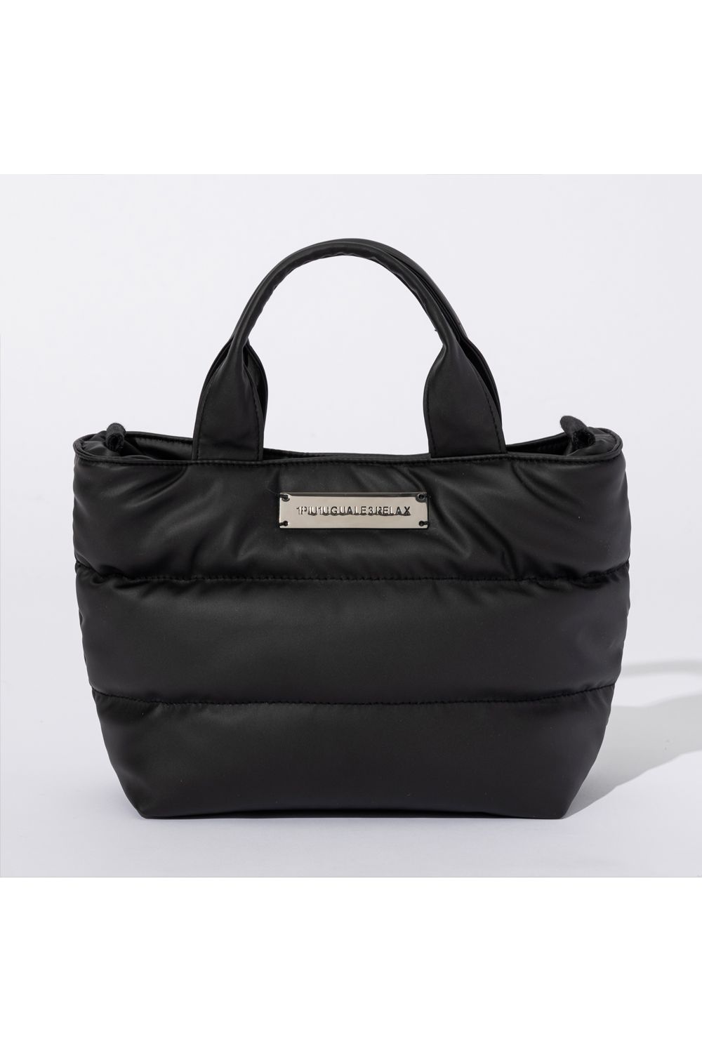 LIGHT SYNTHETIC LEATHER MINI PADDED TOTE BAG / シルバーロゴプレート パデッド ミニトートバッグ  (ブラック) (9月上旬入荷予定)