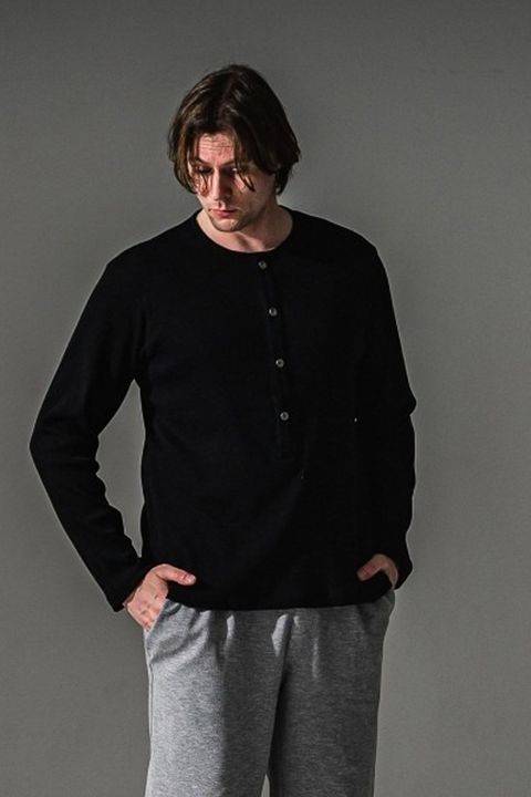 RIB HENRY LONGSLEAVE / ヘンリーネック リブニットロングスリーブTシャツ (ブラック)
