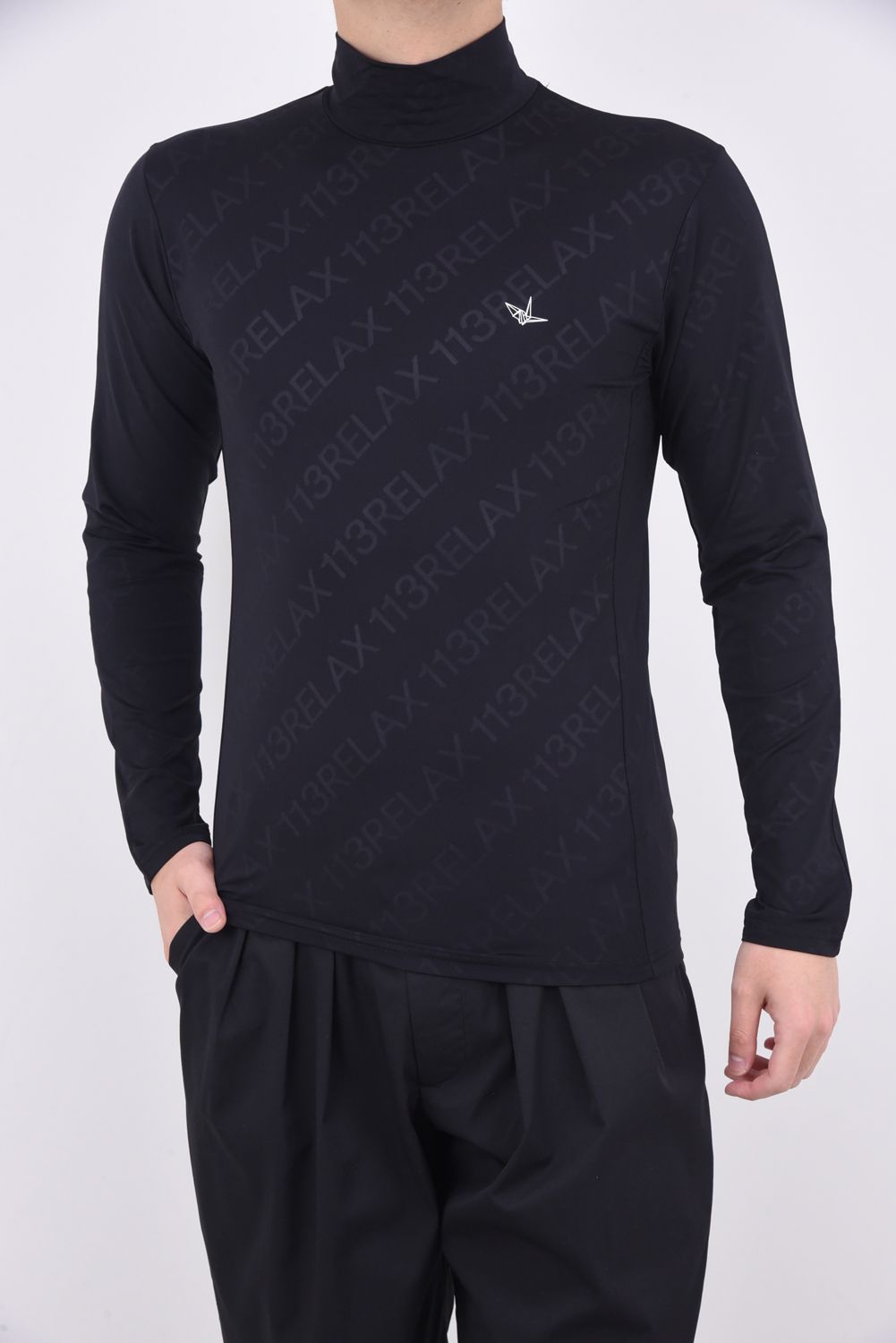 RUNNING DIAGONAL LOGO  LONG T-SHIRTS / 総柄モックネック コンプレッション インナー ブラック